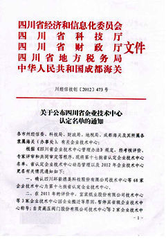 四川皇龍智能破碎被認(rèn)定為2012四川省級企業(yè)技術(shù)中心